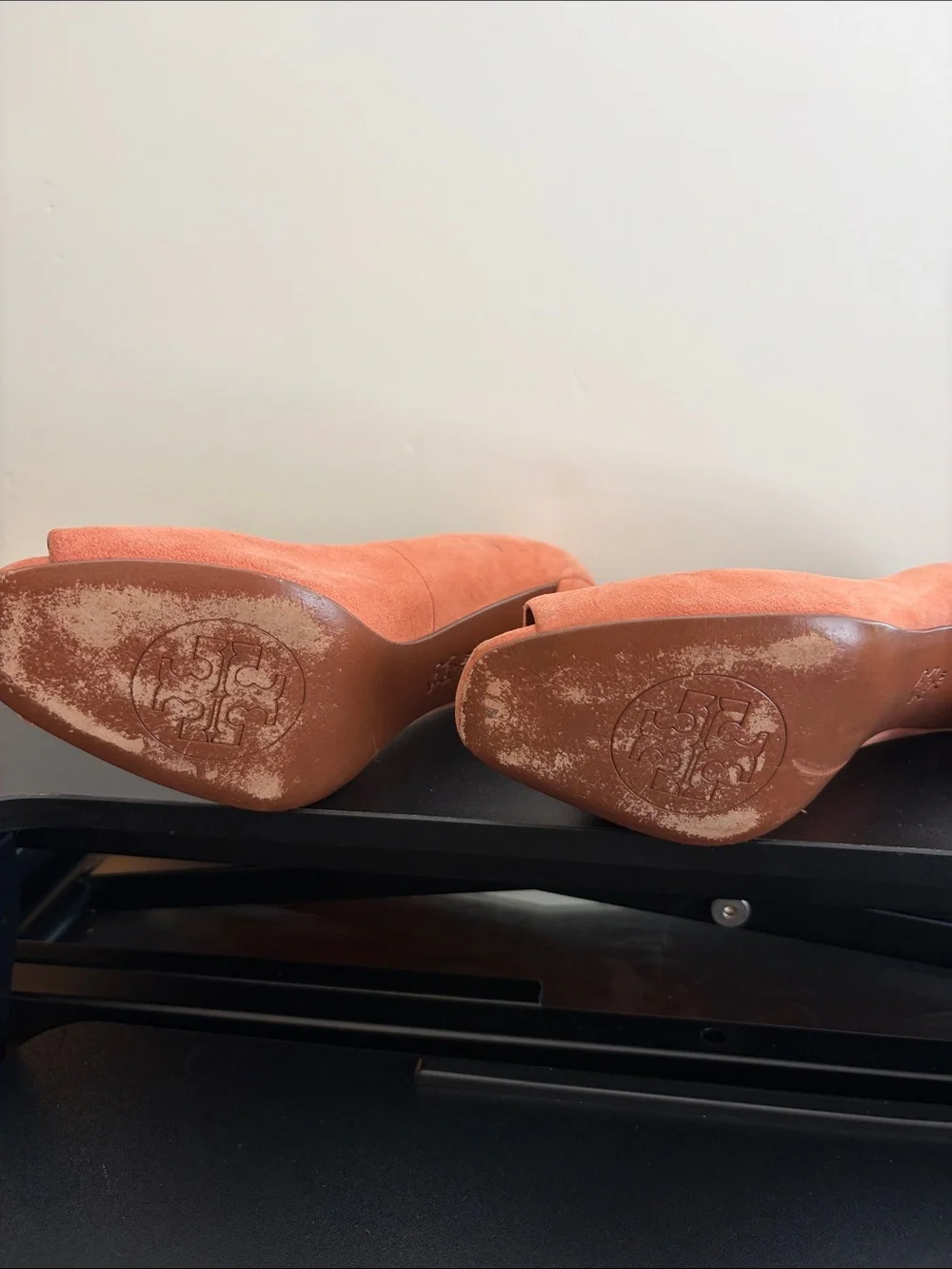 Tory Burch Coral Suede Peep-Toe Block Heels